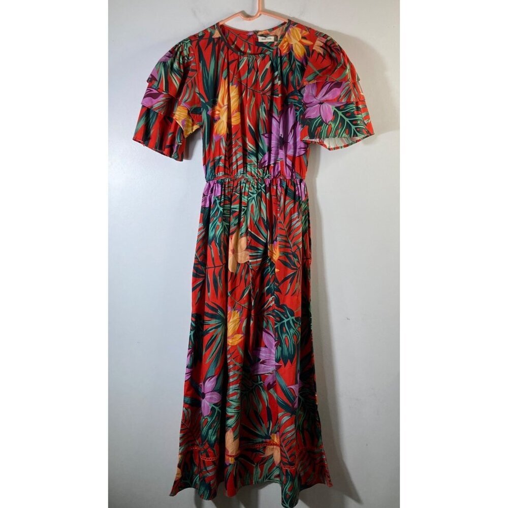 Womens Maude Vivante Tropical Floral Leaves Maxi Dress Tiered S Cotton #43